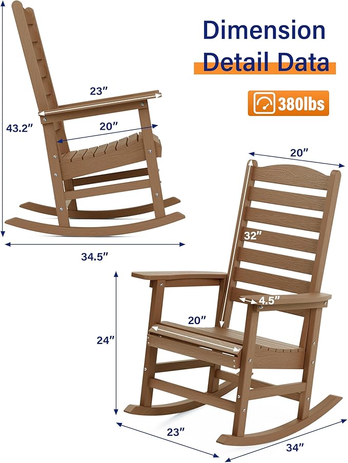 YEFU Outdoor Rocking Chair Set of 2,Poly Porch Rocker with Curved Backrest,All Weather Patio Rocking Chair,Like Real Wood,for Indoor,Lawn, Backyard,Garden,Heavy Duty,Weight Capacity 380lbs(Teak)
