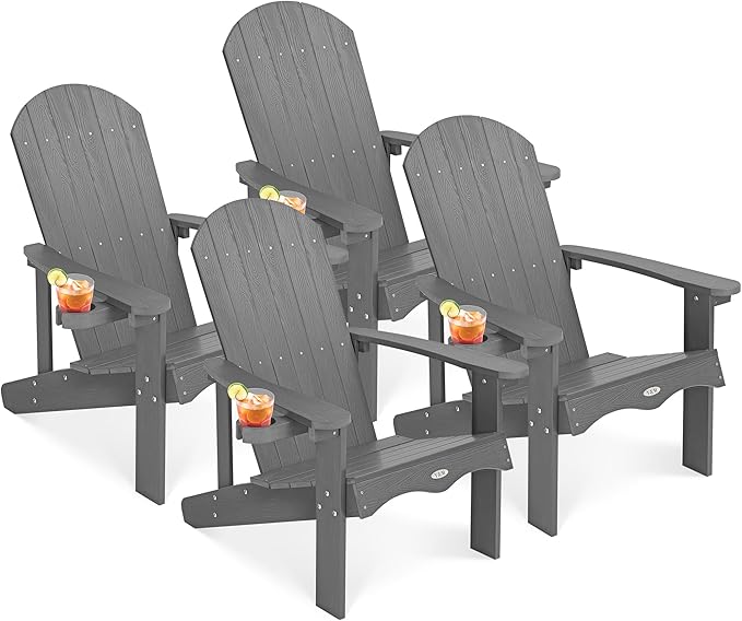 Y&M Adirondack Chair Set of 4, Dark Grey Fire Pit Chairs, Outdoor Patio Chairs with Cup Holder, Weather Resistant HDPE Wooden Textured Patio Chairs, Perfect for Garden, Lawn, Deck, or Poolside