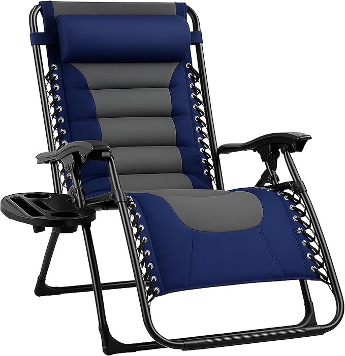 Backyard Expressions Deluxe XL Padded Recliner Zero Gravity Chair – Ergonomic Anti-Gravity Lounger with Folding Design, Side Tray, and Adjustable Headrest