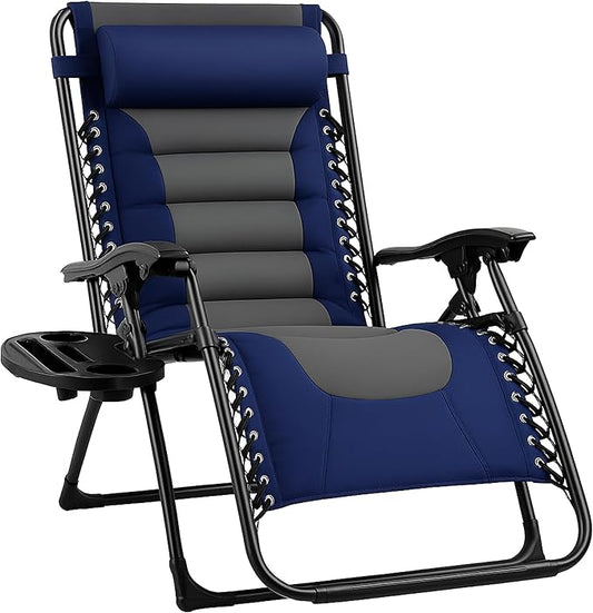 Backyard Expressions Deluxe XL Padded Recliner Zero Gravity Chair – Ergonomic Anti-Gravity Lounger with Folding Design, Side Tray, and Adjustable Headrest