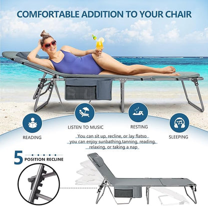 Tanning Chair with Face Hole, Adjustable Folding Chaise Lounge Chairs for Outside with Detachable Pillow & Pocket，Portable flat beach chairs for sunbathing, beach lawns camping (Deep Grey, Oversized)