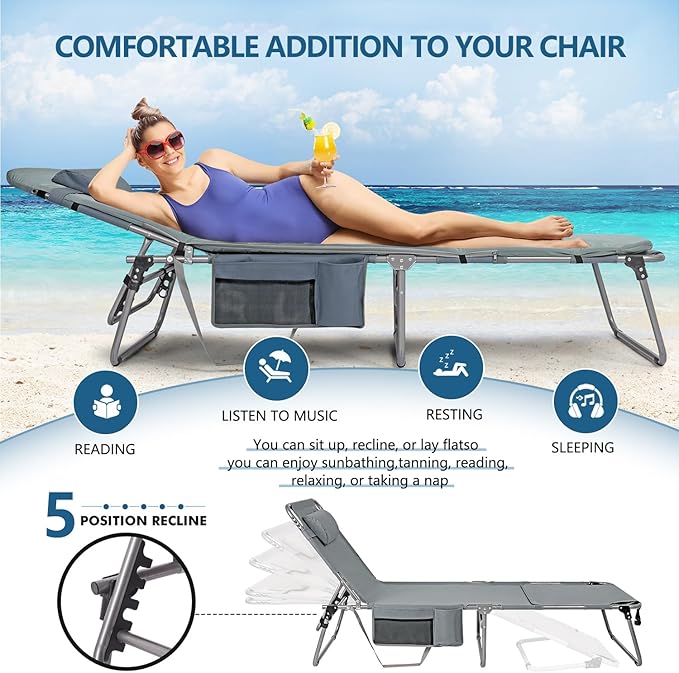 Tanning Chair with Face Hole, Adjustable Folding Chaise Lounge Chairs for Outside with Detachable Pillow & Pocket，Portable flat beach chairs for sunbathing, beach lawns camping (Deep Grey, Standard)