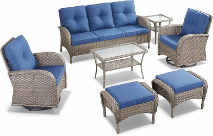 7 Pieces Outdoor Patio Furniture-Swivel Patio Chairs Set of 2 Outdoor Wicker Rattan Sofa Couch with Ottoman Outdoor Conversation Set for Deck Porch Garden Balcony Poolside-Grey/Blue