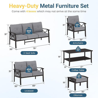 RoyalCraft Outdoor Patio Furniture Set, 9 Seats Outdoor Patio Set with 4" Thick Cushion, All-Weather Metal Patio Sofa with Coffee Table, Outdoor Sectional Furniture for Porch Backyard, Khaki&Grey