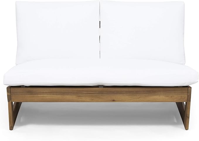 Great Deal Furniture Kaitlyn Outdoor Acacia Wood Loveseat with Cushions, Teak and White