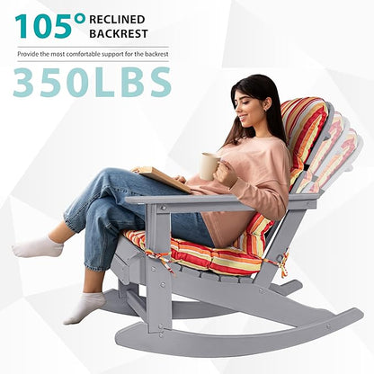 Sundale Outdoor Adirondack Rocking Chair with Cushion, HDPE Patio Plastic All Weather Adirondack Rocker, Water Resistant for Outside, Garden, Pool, Yard, Grey