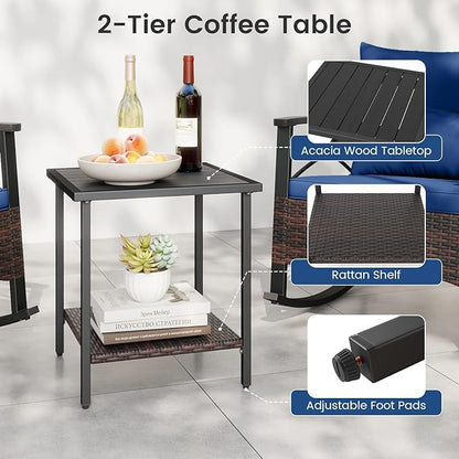 ORALNER 3-Piece Wicker Rocking Chair Set, Outdoor Cushioned Rocker and Acacia Wood Side Table, 400lbs Capacity, PE Rattan Patio Conversation Bistro Set for Porch, Garden, Deck, Poolside, Yard (Navy)