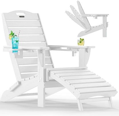Ciokea Folding Adirondack Chair with Retractable Ottoman Fire Pit Patio Chair with Pull Out Foot Rest Weather Resistant Lawn Outdoor Lounge Chair with 2 Cup Holder (White)