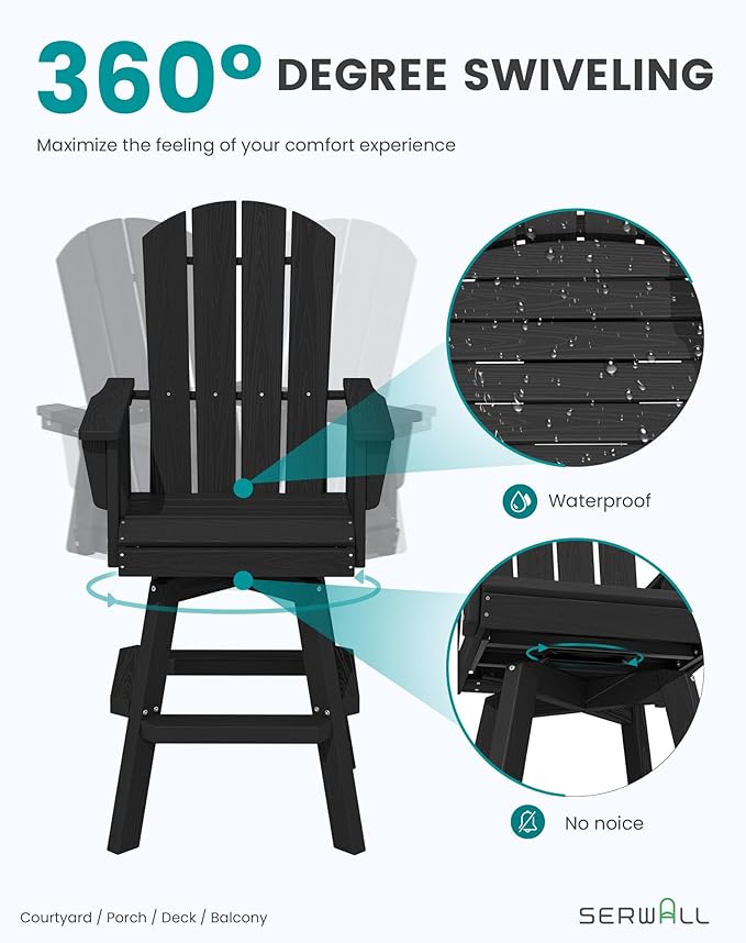 SERWALL Swivel Adirondack Bar Chair, HDPE Swivel Balcony Adirondack Chair, Outdoor Bar Height Barstoolsfor Bistro - Photo 3