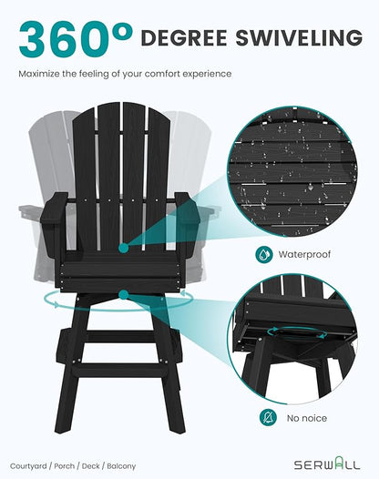 SERWALL Swivel Adirondack Bar Chair, HDPE Swivel Balcony Adirondack Chair, Outdoor Bar Height Barstoolsfor Bistro, Poolside, Garden, Black