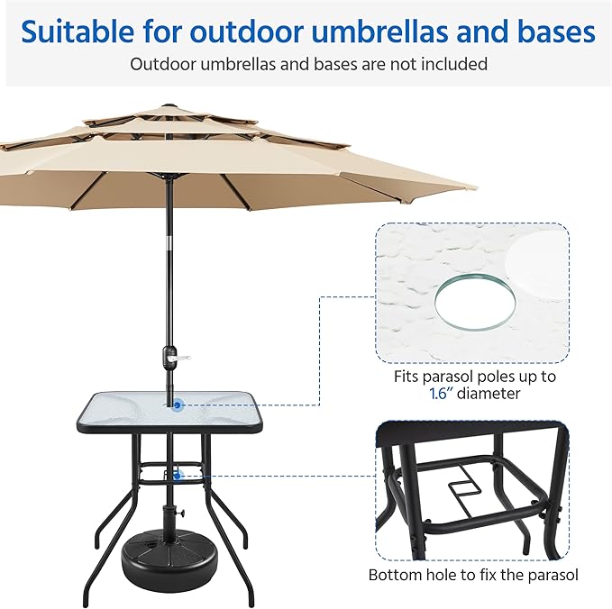 Yaheetech 28in Patio Bistro Table, Square Dining Table w/Umbrella Hole and Tempered Glass Top for Balcony Backyard Lawn and Garden, Black