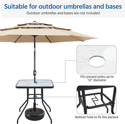 Yaheetech 28in Patio Bistro Table, Square Dining Table w/Umbrella Hole and Tempered Glass Top for Balcony Backyard Lawn and Garden, Black
