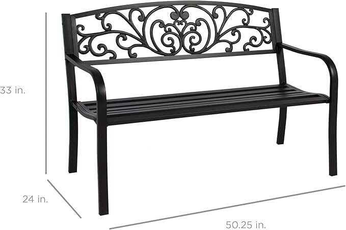 Best Choice Products Outdoor Bench Steel Garden Patio Porch Furniture for Lawn, Park, Deck w/Floral Design Backrest - Photo 2