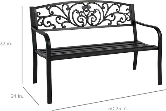 Best Choice Products Outdoor Bench Steel Garden Patio Porch Furniture for Lawn, Park, Deck w/Floral Design Backrest, Slatted Seat - Black