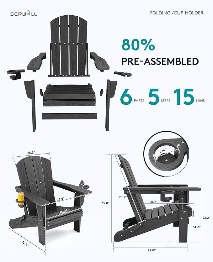 SERWALL Foldable Adirondack Chair Set of 6, HDPE Adirondack Chair with Wood-Texture-Gray