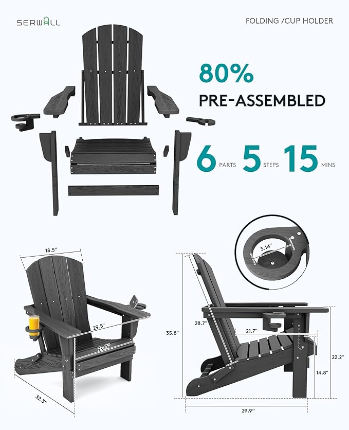 SERWALL Foldable Adirondack Chair Set of 8, Oversized HDPE Adirondack Chair with Wood-Texture-Gray - Photo 4