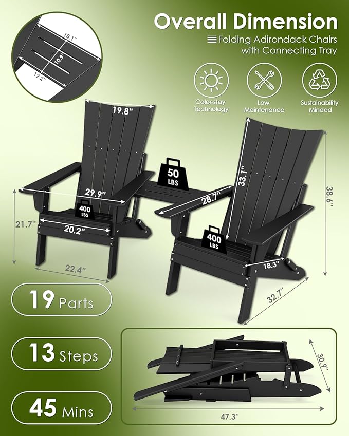 GREENVINES Folding-Adirondack-Chairs-Set-of-2 | HDPE Plastic | Arch Series | Fire Pit Chair | with Connecting Tray | Removable Table | All Weather | for Outdoor Patio Deck Poolside | Black