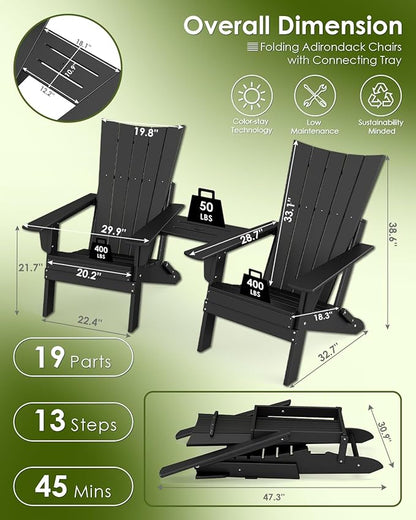 GREENVINES Folding-Adirondack-Chairs-Set-of-2 | HDPE Plastic | Arch Series | Fire Pit Chair | with Connecting Tray | Removable Table | All Weather | for Outdoor Patio Deck Poolside | Black