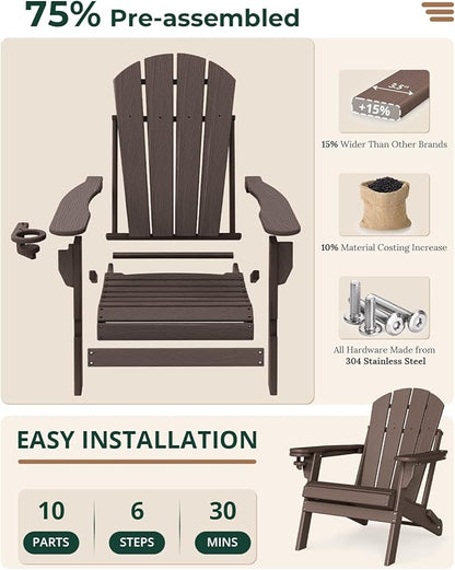 BRIOPAWS Folding-Adirondack-Chairs Set of 4 | HDPE | Brown Wood Grain | Fire Pit Chair | Cup Holder | Weather Resistance | for Outdoor Backyard Deck Patio