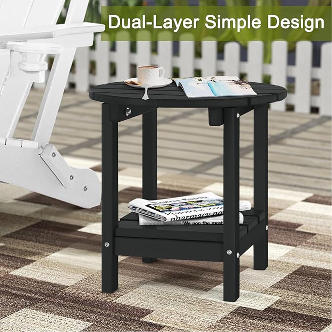 Adirondack Outdoor Side Tables, 2-Tier Round Outdoor Table, Weather Resistant HDPE Patio End Table for Garden, Lawn, Pool, Beach, Porch, Deck, Backyard - Black
