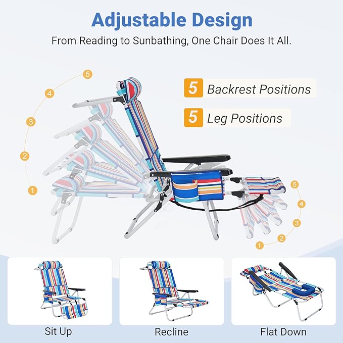DoCred Heavy Duty Tanning Chair with Face Hole, Adjustable 5-Position Folding Chaise Lounge Chairs for Outside, Portable Lay Flat Beach Lounge Chair for Outdoor Sunbathing Beach Pool Lawn Camping