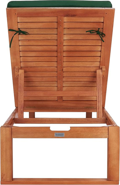 SAFAVIEH Outdoor Collection Solano Natural Brown Solid Wood/Green Cushion Patio Adjustable Chaise Lounge Chair (PAT7024N)