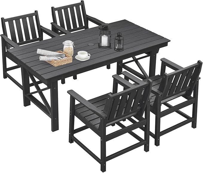 5-Piece HDPE Patio Dining Set, Outdoor Table and Chairs with Umbrella Hole, Modern Outdoor Dining Set for 4 - Photo 1