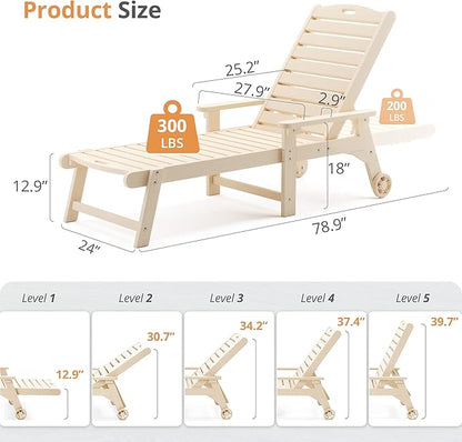 LUE BONA Lounge Chair Outdoor Set of 4, HDPS Chaise Lounge Outdoor with Wheel, 5 Positions Adjustable Pool Lounger Chairs for Outside, Patio, Sand