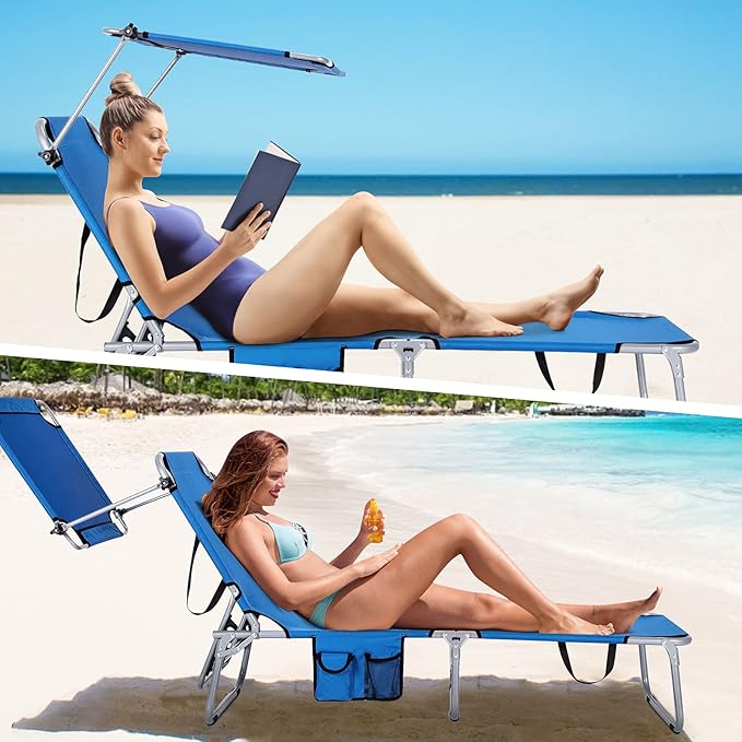 Goplus Tanning Chair, Foldable Beach Lounge Chair with 360°Canopy Sun Shade, Side Pocket, 5-Position Adjustable Outdoor Chaise Lounge Chair for Patio Pool Yard Lawn (1, Blue)