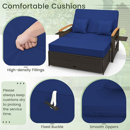 LDAILY Moccha Outdoor Wicker Daybed, Patio Rattan Loveseat Sofa w/ 4-Level Adjustable Backrest, Folding Panels, Storage Ottoman & Cushions, Lounge Furniture Set for Poolside Backyard Porch (Navy)