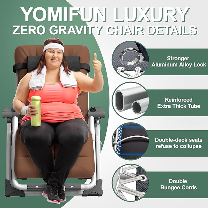 XL Zero Gravity Lounge Chair 29", Oversized Padded Folding Recliner for Patio with Storage Bag, Removable Cushion - Photo 4