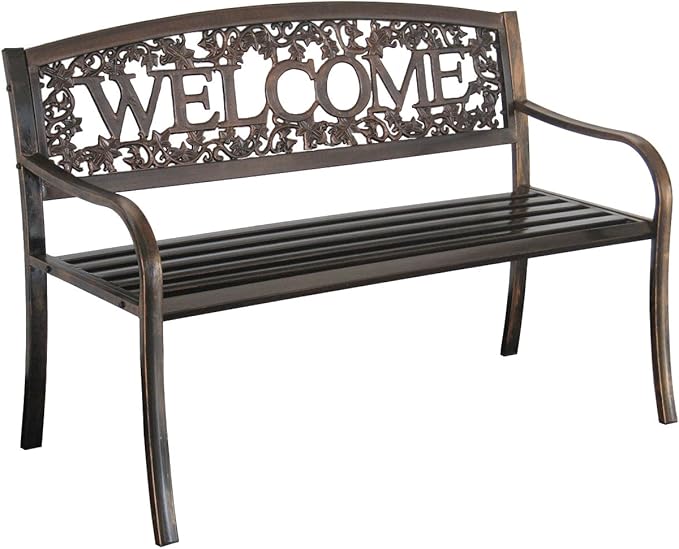 Leigh Country Metal Outdoor Bench, Welcome Design, Decorative Patio Seating for Porch/Deck - Photo 1