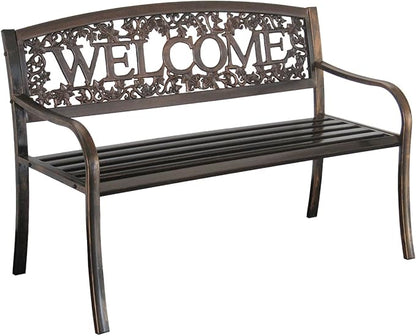 Leigh Country Metal Outdoor Bench, Welcome Design, Decorative Patio Seating for Porch/Deck