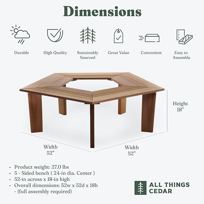 All Things Cedar 52 Inch Wood Tree Bench, 5 Sided Wrap Around Outdoor Seating, Natural