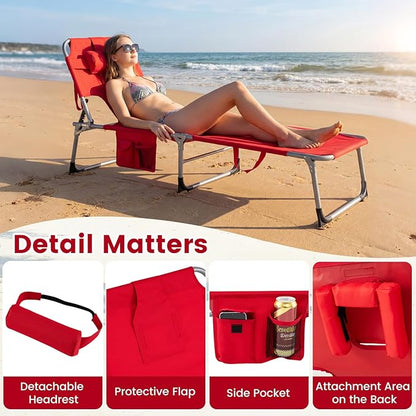Giantex Face Down Tanning Chair, Folding Beach Lounge Chair w/ 4-Position Adjustable Backrest, Outdoor Sunbathing Lounge Chair w/Face Arm Holes & Storage Pocket for Patio Deck Poolside (2, Red)