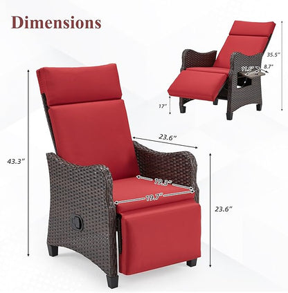 HOMREST Outdoor Recliner Chair with Flip-up Table, Wicker Reclining Chair with 150°Adjustable Backrest, Rattan Armchair with Integrated Footstool & Removable Cushion for Gardens, Burgundy