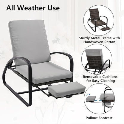 3 Piece Patio Furniture Set, Metal Patio Chairs with Fold Out Foot Rest, 5-Position Adjustable Patio Chaise Lounge Outdoor, Pool Lounges Chair Outdoor Recliners with Side Table for Deck, Grey