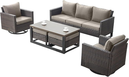 Rilyson Wicker Outdoor Patio Furniture Set - 6 Piece Patio Conversation Set with 2 Swivel Rocker Chairs,2 Rattan Ottoman,1 Couch and 1 Metal Coffee Table for Outside Porch Deck Backyard(Brown/Grey)