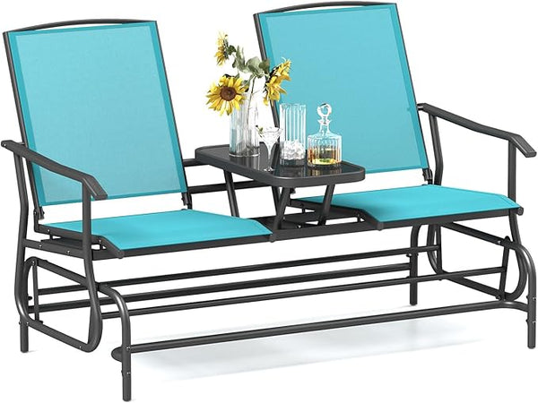 Tangkula 2 Person Swing Glider Chair, Patio Rocking Loveseat w/Center Tempered Glass Table - Photo 1
