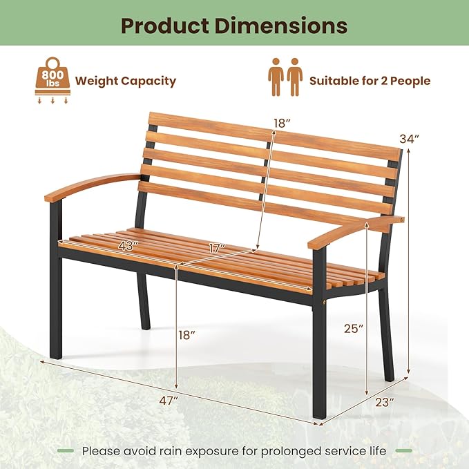 Tangkula 43" Outdoor Garden Bench, 2-Person Acacia Wood Bench with Heavy-Duty Metal Frame - Photo 3