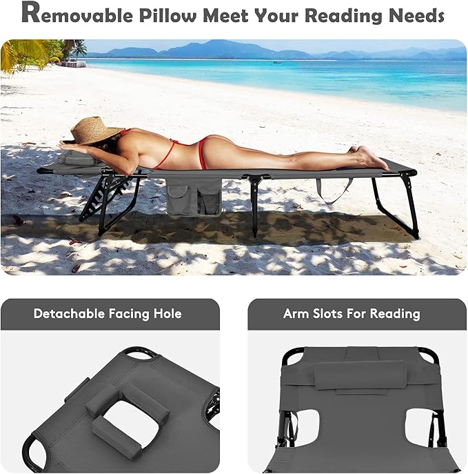 Goplus Tanning Chair, Folding Beach Lounge Chair with Face &Arm Hole, 5-Position Adjustable, Removable Pillow - Photo 4