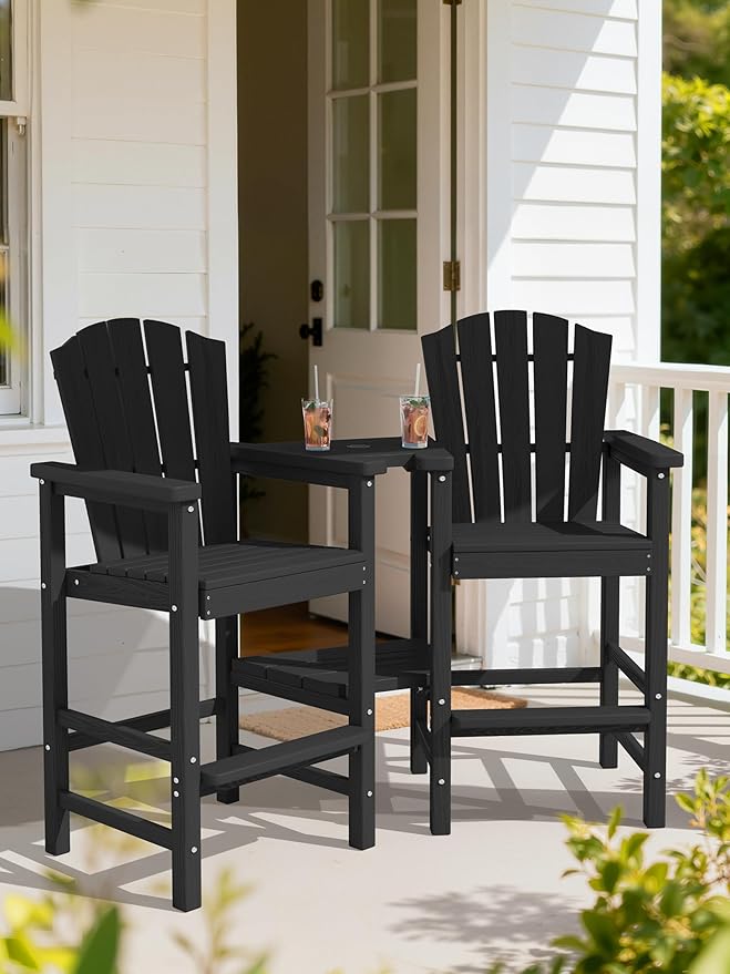 KINGYES Tall Adirondack Chair Set of 4 with 9FT Umbrella, All Weather HDPE Outdoor Adirondack Bar Stools with Double Connecting Trays, Bar Height Airondack Chair with Wood Grain for Deck, Black