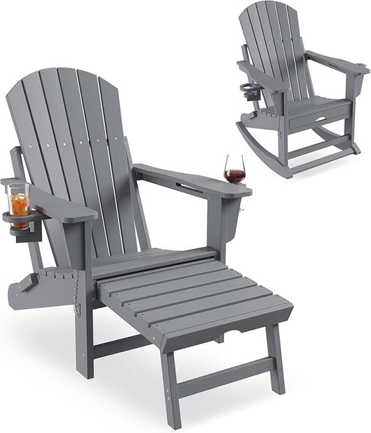 Garvee Folding Adirondack Chairs with Two Cup Holders. HDPE All Weather Outdoor Adirondacks Rocking Chair with Retractable Ottoman, Outdoor Adirondack Chair for Patio, Outside, Deck, Backyard-Grey