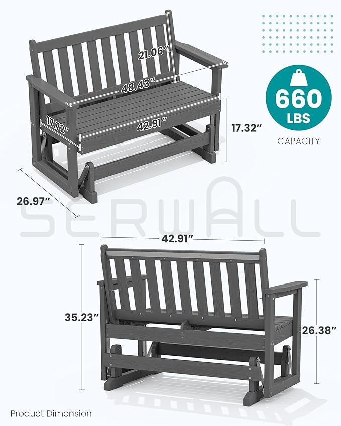 SERWALL Outdoor Glider Bench Set of 4, HDPE Weather-Resistant Swinging Bench for Backyard Garden Porch, Grey - Photo 2
