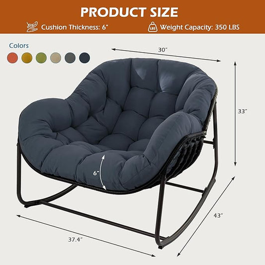 Papasan Rocking Chair Indoor & Outdoor, Oversized Egg-Shaped Papasan Rocker with Cushion & Pillow, All-Weather Wicker Patio Lounge Chair for Garden, Porch, Living Room (Dark Blue)