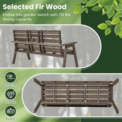 Rustic Outdoor Wooden Bench with Foldable Middle Table,63" 2-3 Persons Porch Bench with Wide Armrests and Slatted Surface,710 LBS Capacity Fir Wood Garden Bench,Coffee