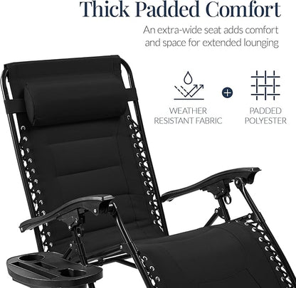 Best Choice Products Oversized Padded Zero Gravity Chair, Folding Outdoor Patio Recliner, XL Anti Gravity Lounger for Backyard w/Headrest, Cup Holder, Side Tray, Polyester Mesh - Black