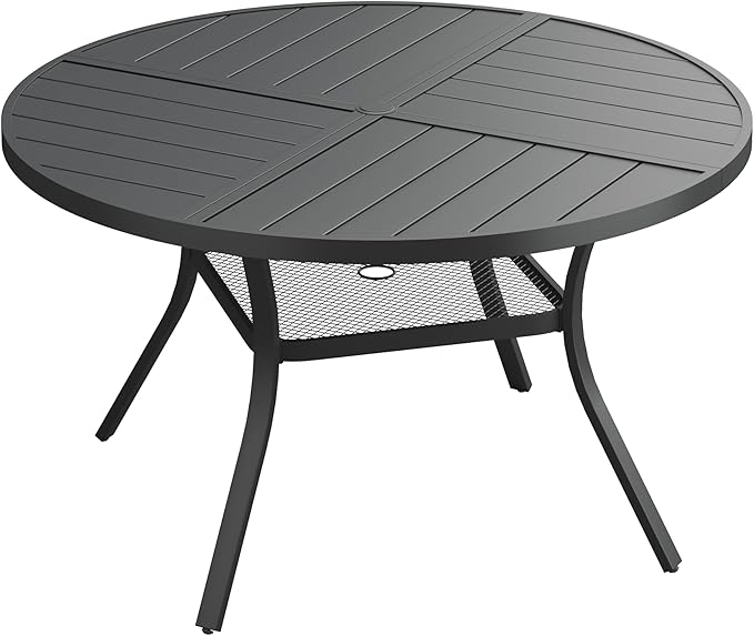 VICLLAX 47.2" Round Patio Dining Table for 4-6, All Weather Metal Outdoor Table with 1.57" Umbrella Hole and Storage Shelf for Garden Lawn Deck, Black