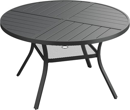 VICLLAX 47.2" Round Patio Dining Table for 4-6, All Weather Metal Outdoor Table with 1.57" Umbrella Hole and Storage Shelf for Garden Lawn Deck, Black