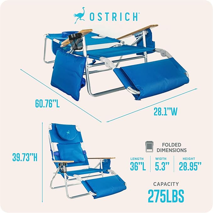 Ostrich the Deluxe 3N1 Lightweight Lawn Beach Reclining Lounge Chair with Footrest, Outdoor Furniture for Patio, Balcony - Photo 3